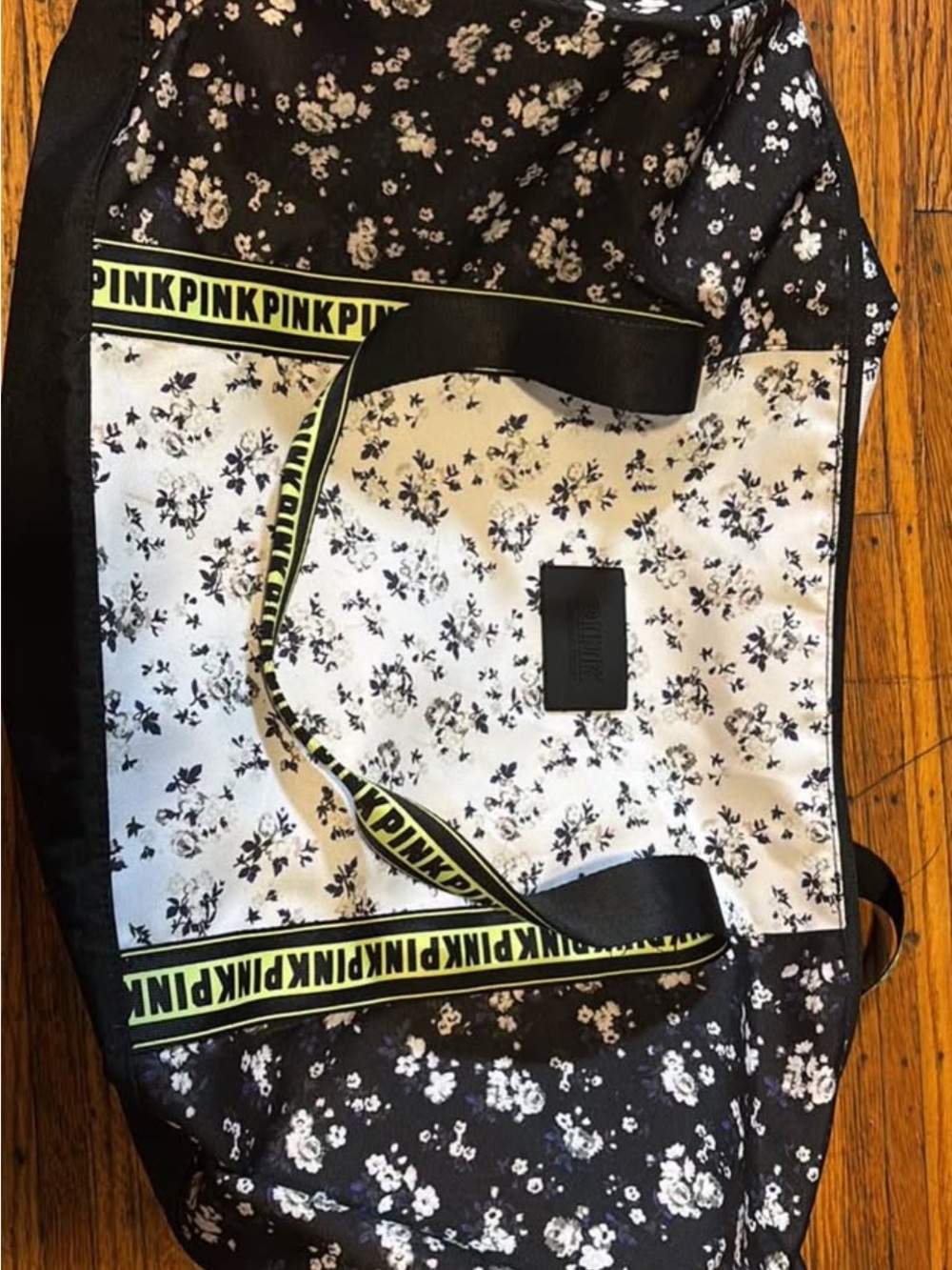 PINK Victoria's Secret Black & White Floral Duffel with Neon Trim